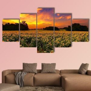 Sun Flower Field In Kansas With Sunset - Nature 5 Panel Canvas Art Wall Decor