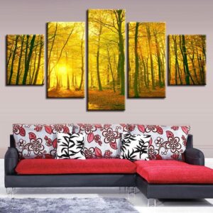 Sun Golden Yellow Forest Autumn - Nature 5 Panel Canvas Art Wall Decor