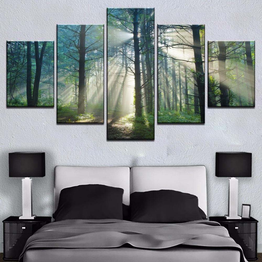 Sun Green Tree Forest Nature - 5 Panel Canvas Art Wall Decor Sun Green Tree Forest Nature - 5 Panel Canvas Art Wall Decor