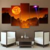 Sun Planet Mountains Landscape - Nature 5 Panel Canvas Art Wall Decor