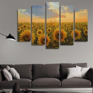 Sunflower Field Oil - Nature 5 Panel Canvas Art Wall Decor