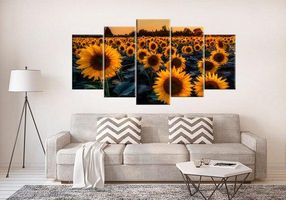 Sunflower Large Artwork Sunset - Nature 5 Panel Canvas Art Wall Decor Sunflower Large Artwork Sunset - Nature 5 Panel Canvas Art Wall Decor