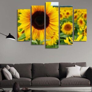 Sunflowers Shimmering - Nature 5 Panel Canvas Art Wall Decor