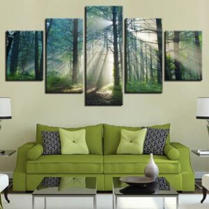 Sunlight Through The Mist In The Forest - Nature 5 Panel Canvas Art Wall Decor