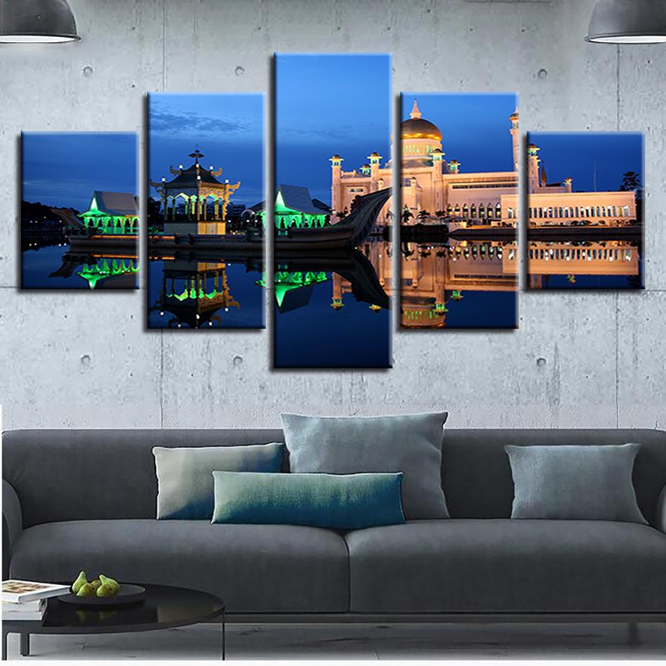 Sunltan Omar Air Saifuddin Mosque Night - Nature 5 Panel Canvas Art Wall Decor Sunltan Omar Air Saifuddin Mosque Night - Nature 5 Panel Canvas Art Wall Decor