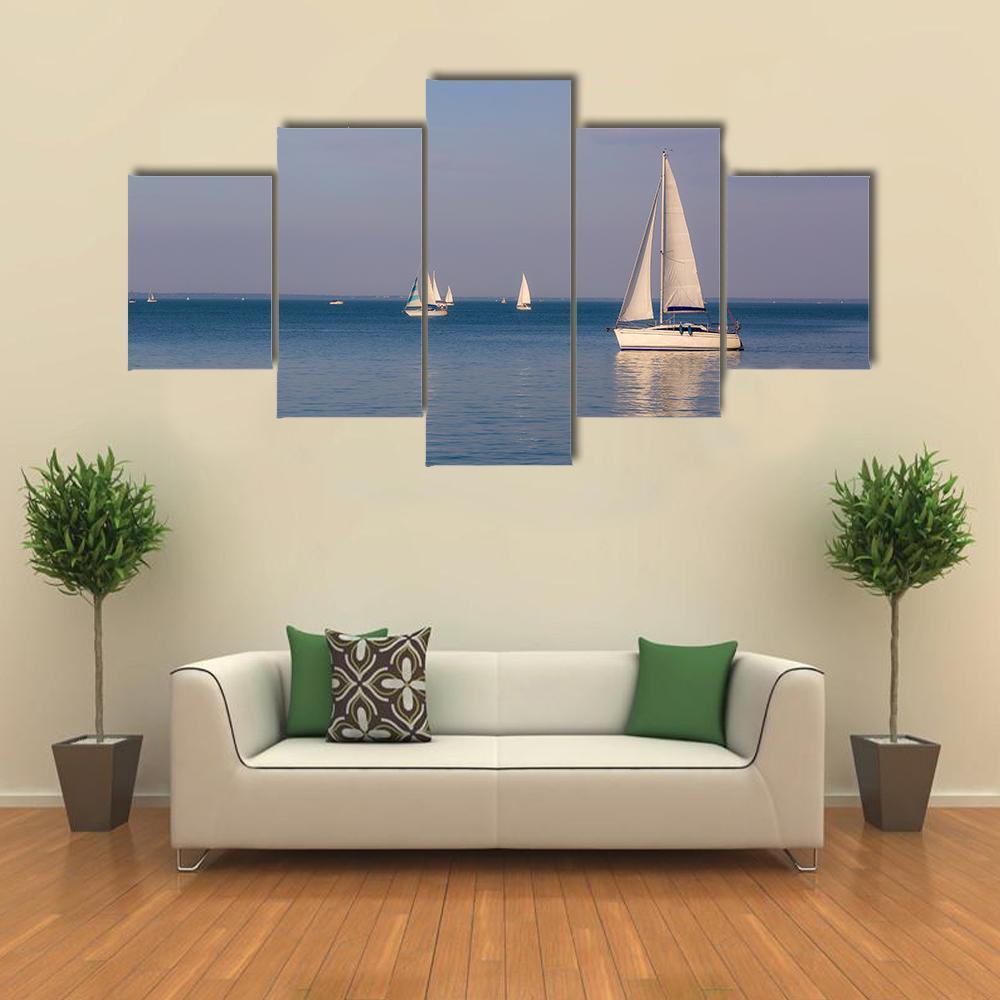 Sunny Day On Lake Balaton With Sailboats - Nature 5 Panel Canvas Art Wall Decor Sunny Day On Lake Balaton With Sailboats - Nature 5 Panel Canvas Art Wall Decor