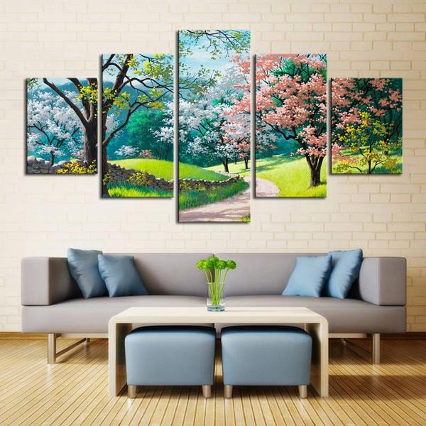 Sunny Spring Day Colorful Trees - Nature 5 Panel Canvas Art Wall Decor Sunny Spring Day Colorful Trees - Nature 5 Panel Canvas Art Wall Decor