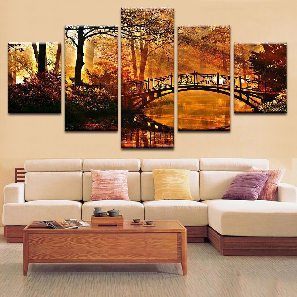 Sunrays Through Trees And A Bridge - Nature 5 Panel Canvas Art Wall Decor Sunrays Through Trees And A Bridge - Nature 5 Panel Canvas Art Wall Decor