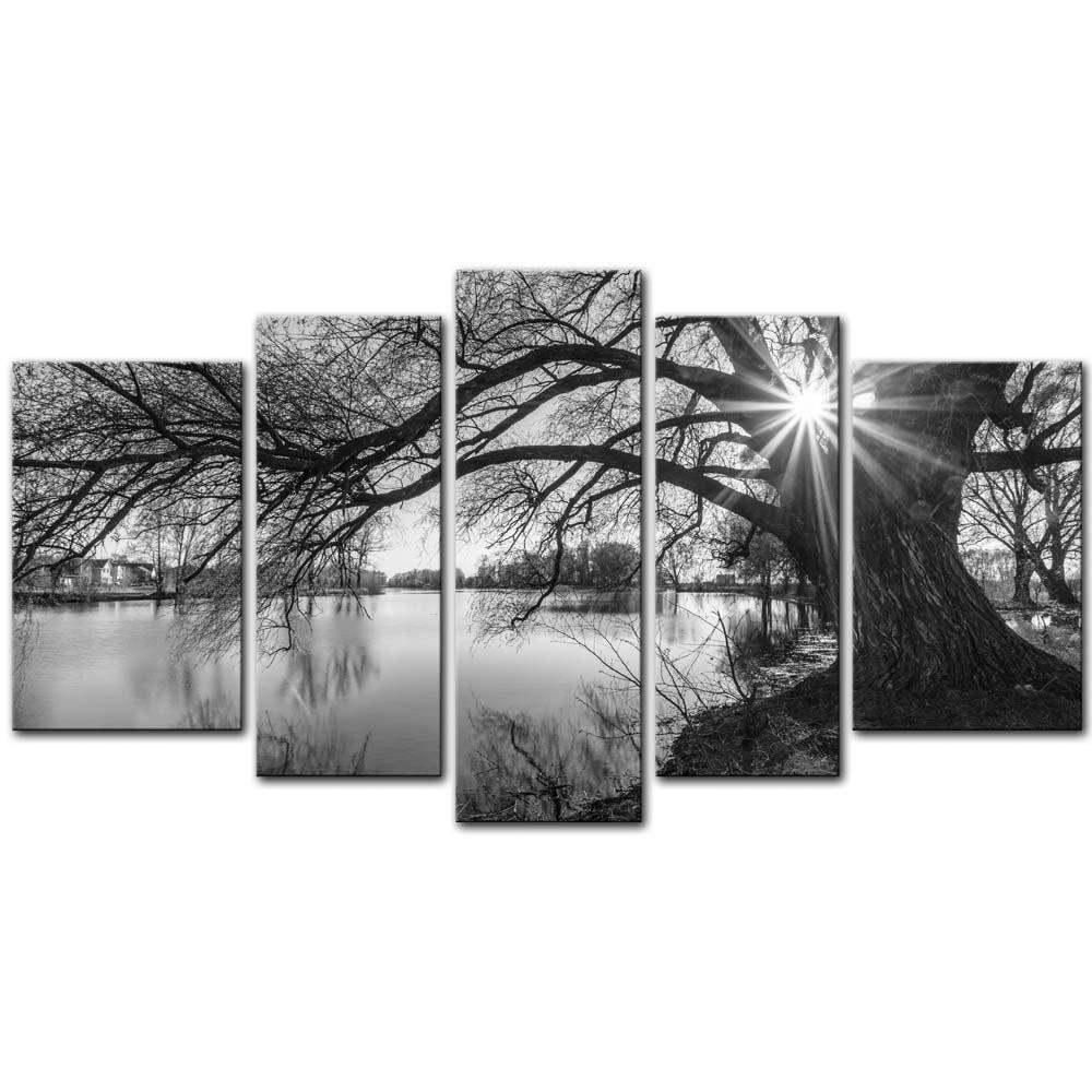 Sunrise Before The Tree And Lake Landscape - Nature 5 Panel Canvas Art Wall Decor Sunrise Before The Tree And Lake Landscape - Nature 5 Panel Canvas Art Wall Decor