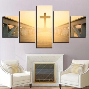 Sunrise Cross In The Bridge - Religion 5 Panel Canvas Art Wall Decor