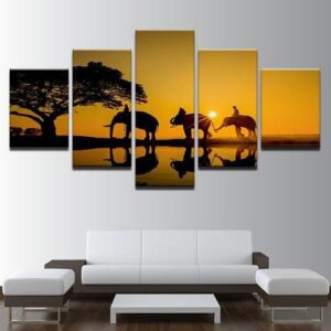 Sunrise Elephant Family - Animal 5 Panel Canvas Art Wall Decor