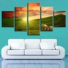 Sunrise Horse Grassland Landscape - Animal 5 Panel Canvas Art Wall Decor