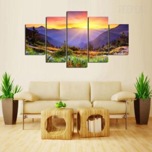 Sunrise In The Mountains Painting - Nature 5 Panel Canvas Art Wall Decor