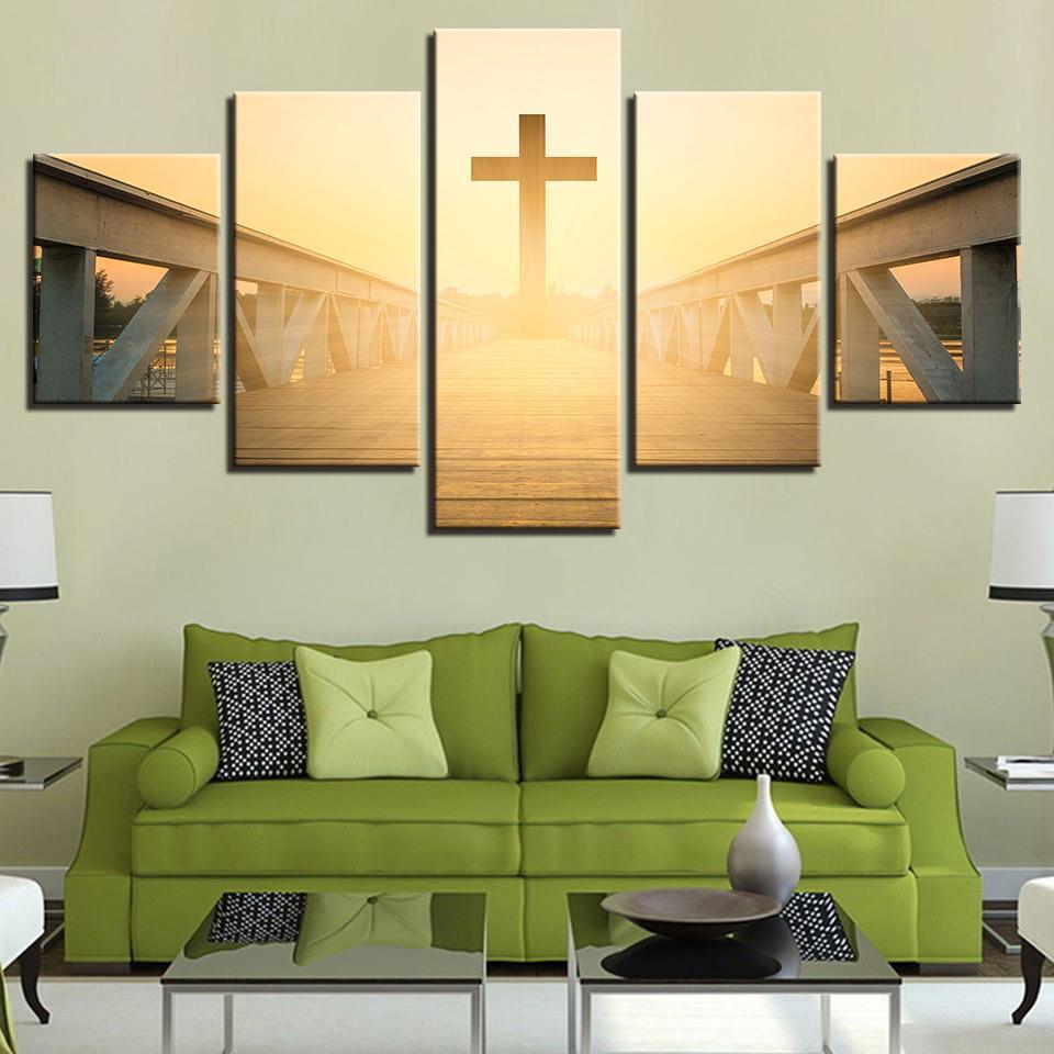 Sunrise Jesus Cross Long Bridge Landscape - Religion 5 Panel Canvas Art Wall Decor Sunrise Jesus Cross Long Bridge Landscape - Religion 5 Panel Canvas Art Wall Decor