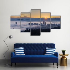 Sunrise Over City Of Portland Oregon - Nature 5 Panel Canvas Art Wall Decor