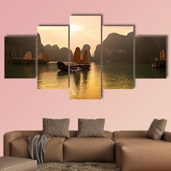 Sunrise Over Halong Bay In Vietnam - Nature 5 Panel Canvas Art Wall Decor Sunrise Over Halong Bay In Vietnam - Nature 5 Panel Canvas Art Wall Decor