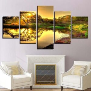 Sunrise Over Watering Hole Africa - Nature 5 Panel Canvas Art Wall Decor