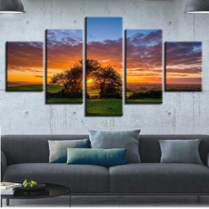 Sunrise Tree 16 - Nature 5 Panel Canvas Art Wall Decor