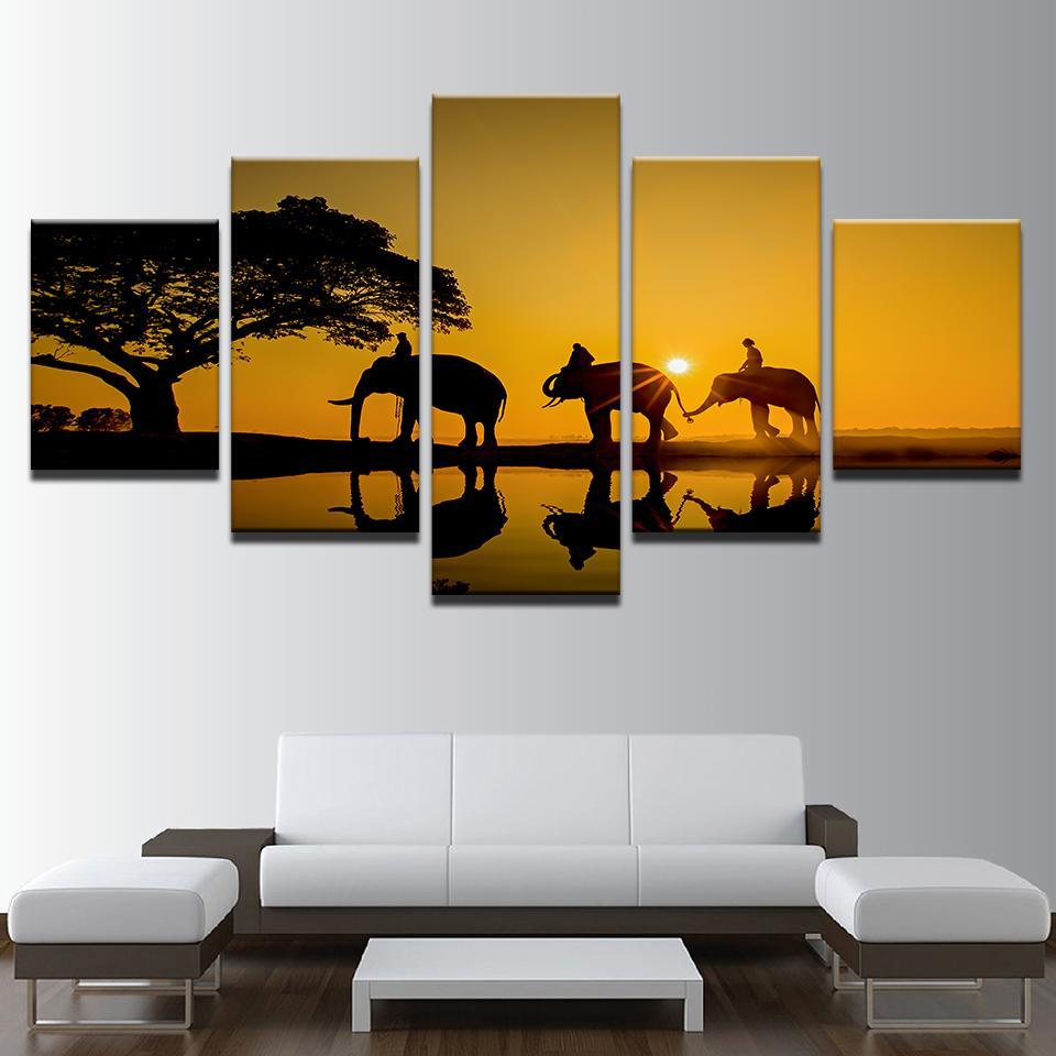 Sunrise Tree Elephant Lake - Animal 5 Panel Canvas Art Wall Decor Sunrise Tree Elephant Lake - Animal 5 Panel Canvas Art Wall Decor