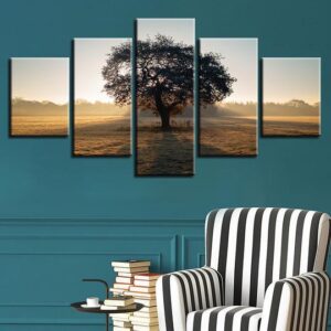 Sunrise Tree In A Pasture - Nature 5 Panel Canvas Art Wall Decor