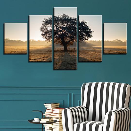 Sunrise Tree In A Pasture - Nature 5 Panel Canvas Art Wall Decor Sunrise Tree In A Pasture - Nature 5 Panel Canvas Art Wall Decor