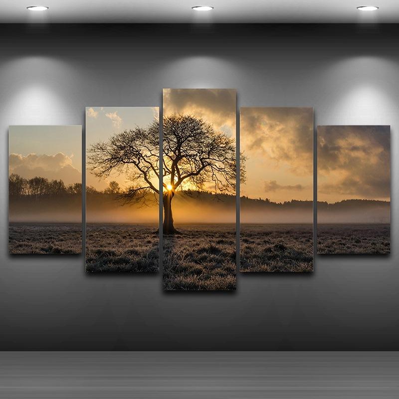 Sunrise Tree Landscape - Nature 5 Panel Canvas Art Wall Decor Sunrise Tree Landscape - Nature 5 Panel Canvas Art Wall Decor