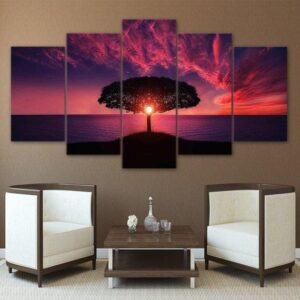 Sunrise Tree Sea Tree Sun - Nature 5 Panel Canvas Art Wall Decor