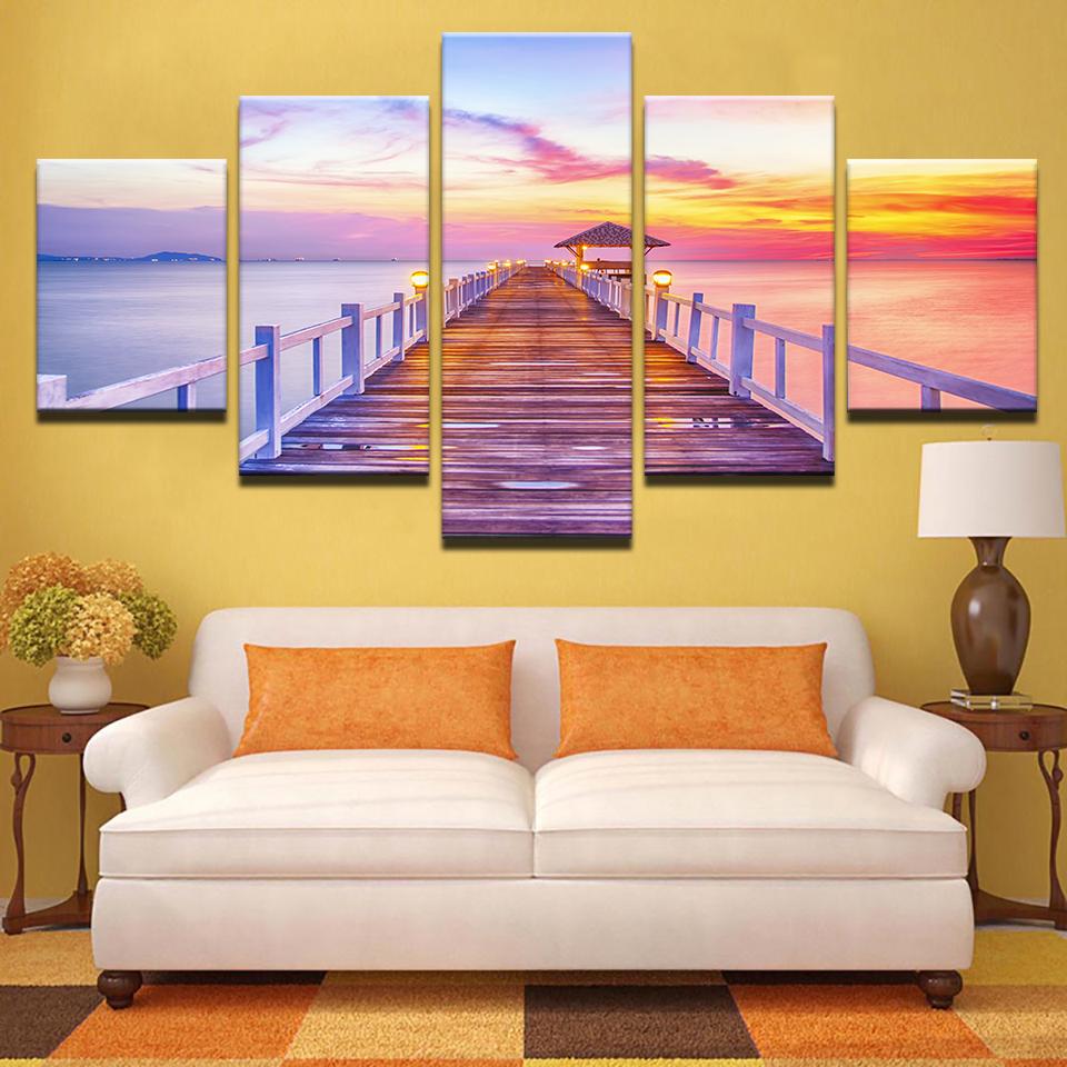 Sunrise Wooden Bridge Seascape Sunset Lake - Nature 5 Panel Canvas Art Wall Decor Sunrise Wooden Bridge Seascape Sunset Lake - Nature 5 Panel Canvas Art Wall Decor