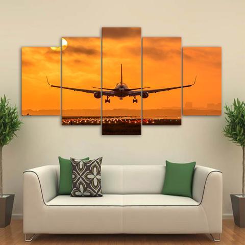 Sunset Airplane Take Off - Airplane 5 Panel Canvas Art Wall Decor Sunset Airplane Take Off - Airplane 5 Panel Canvas Art Wall Decor