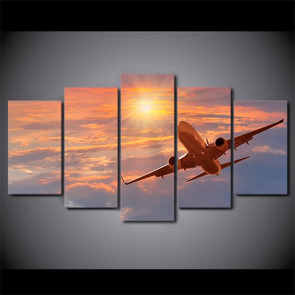 Sunset And Airplane - Nature 5 Panel Canvas Art Wall Decor Sunset And Airplane - Nature 5 Panel Canvas Art Wall Decor