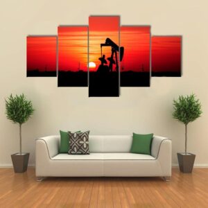 Sunset And Oilfield Pump Jack - Nature 5 Panel Canvas Art Wall Decor