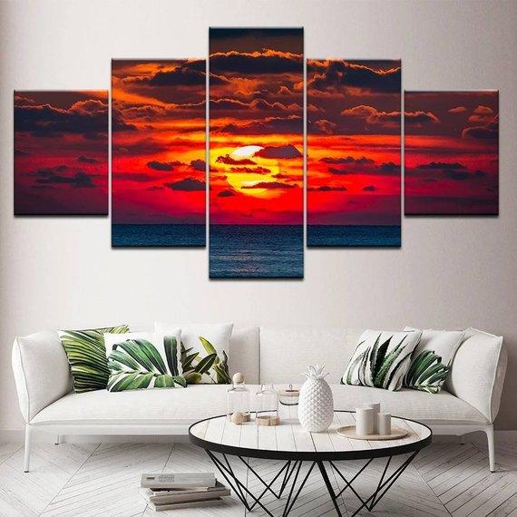 Sunset And Sea - Nature 5 Panel Canvas Art Wall Decor Sunset And Sea - Nature 5 Panel Canvas Art Wall Decor