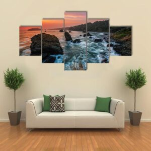 Sunset At A Rocky Beach - Nature 5 Panel Canvas Art Wall Decor