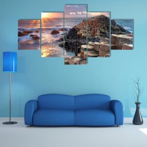 Sunset At Giant S Causeway In North Antrim - Nature 5 Panel Canvas Art Wall Decor
