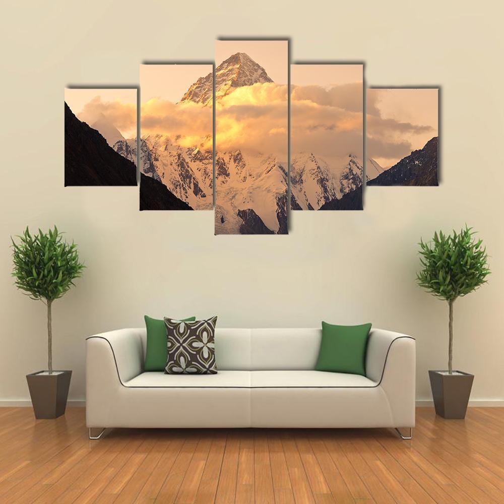 Sunset At K2 Mountains - Nature 5 Panel Canvas Art Wall Decor Sunset At K2 Mountains - Nature 5 Panel Canvas Art Wall Decor