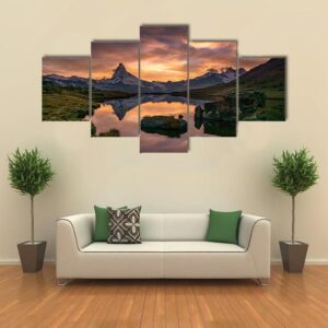 Sunset At Matterhorn With Reflection In Stelli Lake - Nature 5 Panel Canvas Art Wall Decor