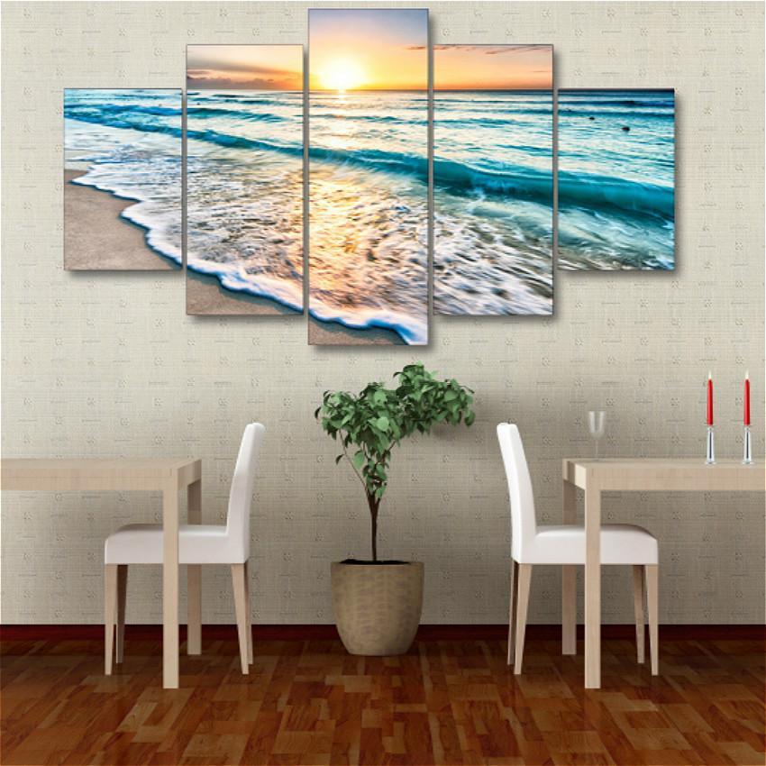 Sunset Beach And Waves - Space 5 Panel Canvas Art Wall Decor Sunset Beach And Waves - Space 5 Panel Canvas Art Wall Decor