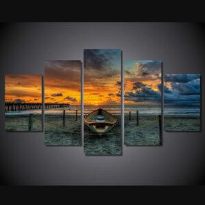Sunset Beach Boat 01 - Space 5 Panel Canvas Art Wall Decor