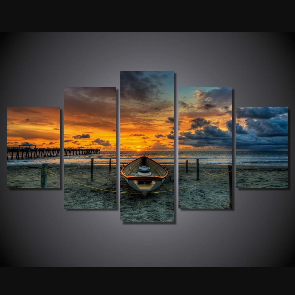 Sunset Beach Boat 01 - Space 5 Panel Canvas Art Wall Decor Sunset Beach Boat 01 - Space 5 Panel Canvas Art Wall Decor