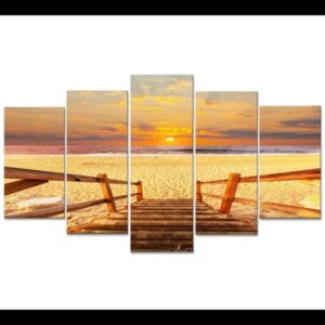 Sunset Beach Bridge Gulf Sea Ocean - Nature 5 Panel Canvas Art Wall Decor