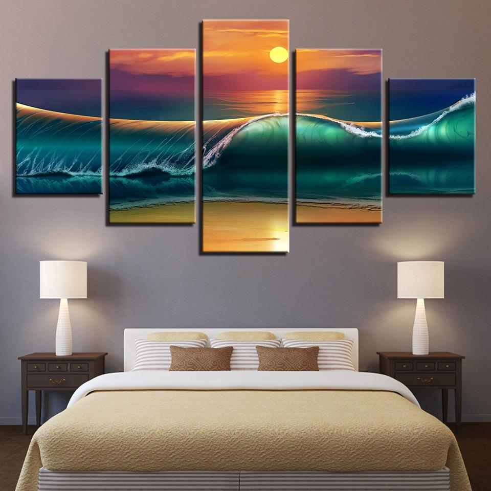 Sunset Beach Huge Waves Seascape - Nature 5 Panel Canvas Art Wall Decor Sunset Beach Huge Waves Seascape - Nature 5 Panel Canvas Art Wall Decor