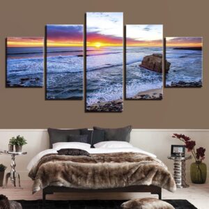 Sunset Beach Sea Wave 01 - Space 5 Panel Canvas Art Wall Decor