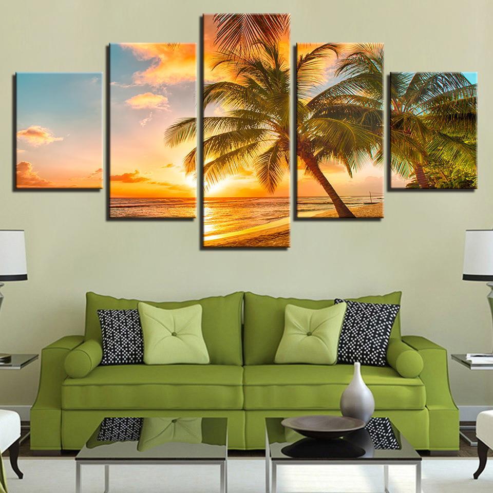 Sunset Beach Wave Palm Trees Seascape - Nature 5 Panel Canvas Art Wall Decor Sunset Beach Wave Palm Trees Seascape - Nature 5 Panel Canvas Art Wall Decor