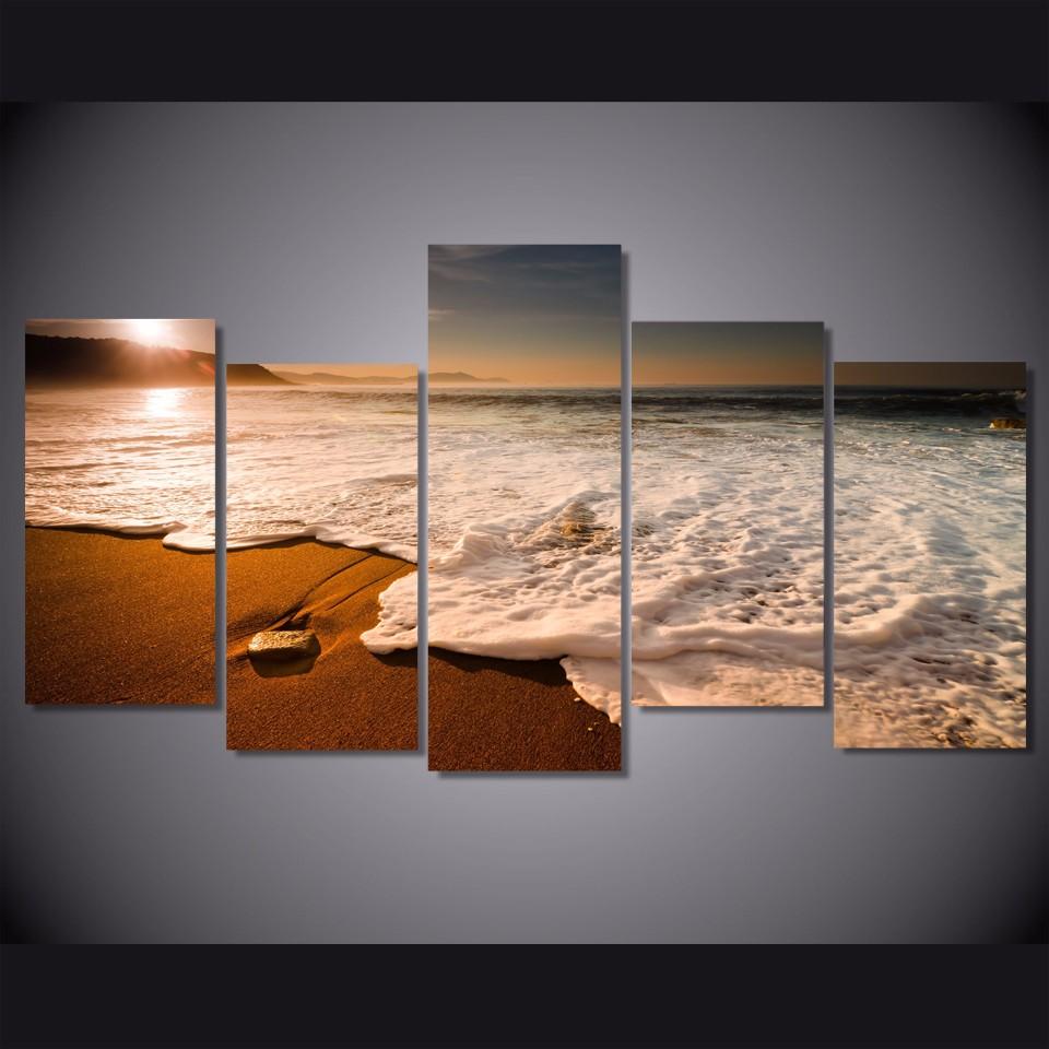 Sunset Beach Waves - Nature 5 Panel Canvas Art Wall Decor Sunset Beach Waves - Nature 5 Panel Canvas Art Wall Decor