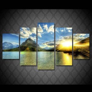 Sunset Behind Mountain - Nature 5 Panel Canvas Art Wall Decor