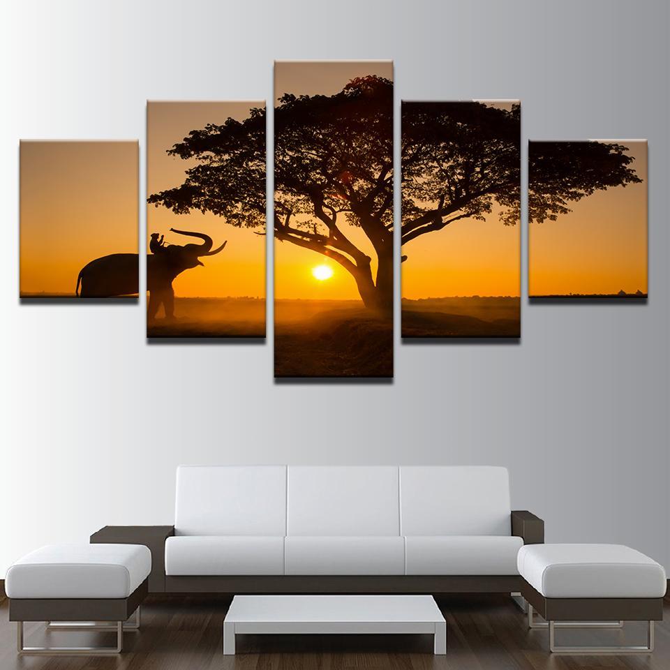 Sunset Big Tree And Elephant Landscape - Nature 5 Panel Canvas Art Wall Decor Sunset Big Tree And Elephant Landscape - Nature 5 Panel Canvas Art Wall Decor