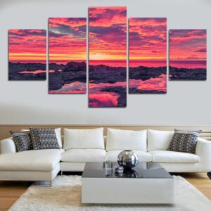 Sunset By The Beach - Nature 5 Panel Canvas Art Wall Decor