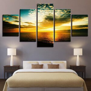 Sunset Calm Waves Seascape - Nature 5 Panel Canvas Art Wall Decor