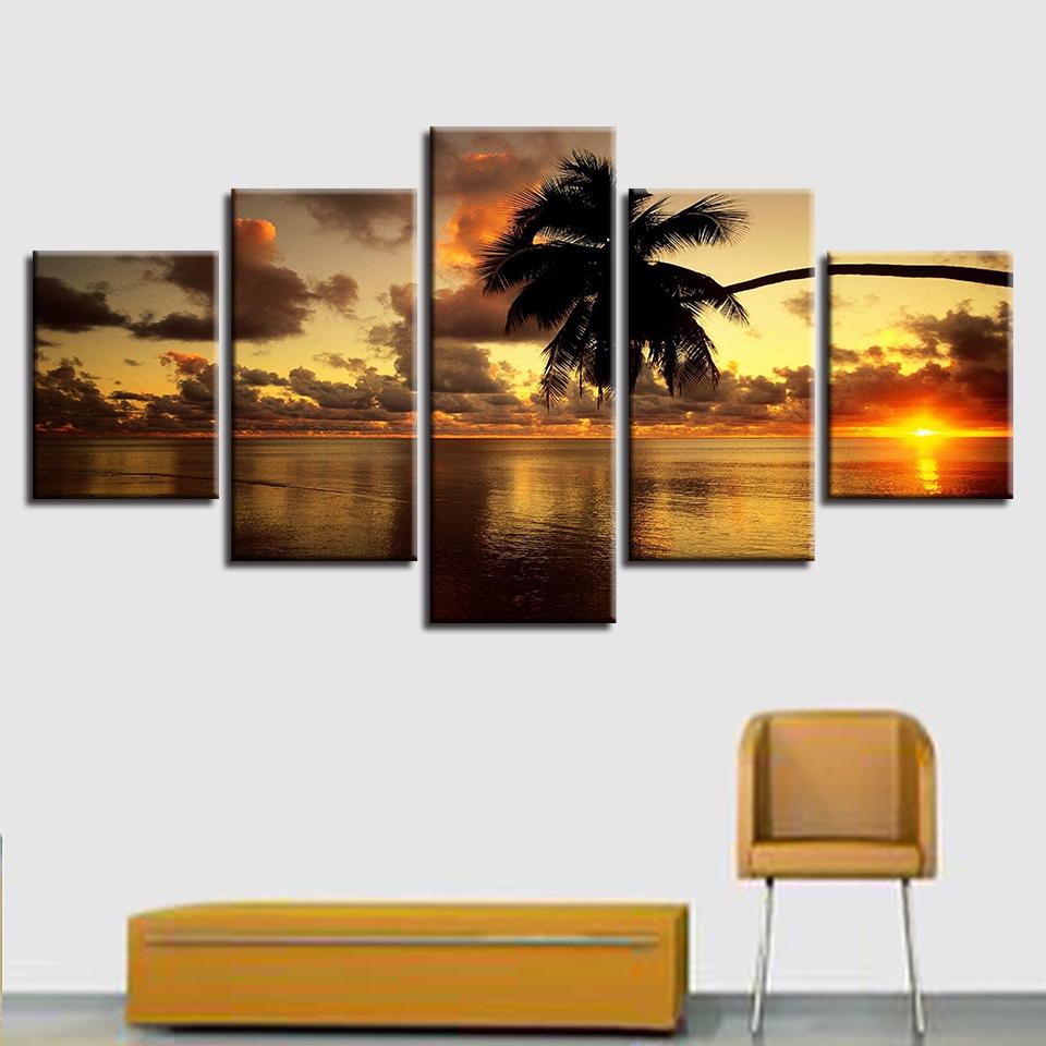 Sunset Coconut Trees Seaview - Nature 5 Panel Canvas Art Wall Decor Sunset Coconut Trees Seaview - Nature 5 Panel Canvas Art Wall Decor