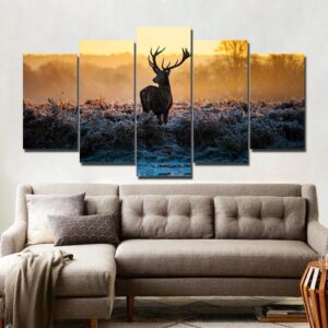 Sunset Deer on the Snowfield - Animal 5 Panel Canvas Art Wall Decor
